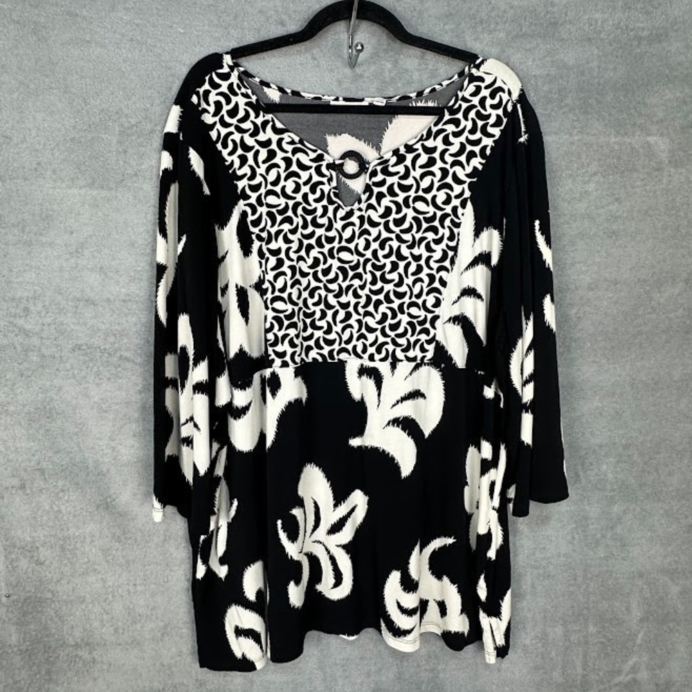 Susan Graver Top Womens 3X Black Pattern Long Sleeve Stretch Career Comfort